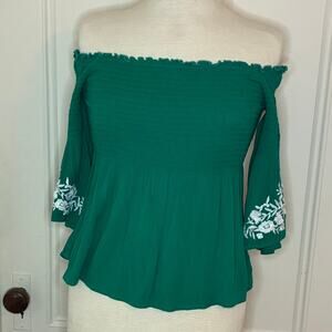 Hollister Top S Green Peasant Softgirl Y2K Smocked Stretchy Boho Gypsy Fairycore